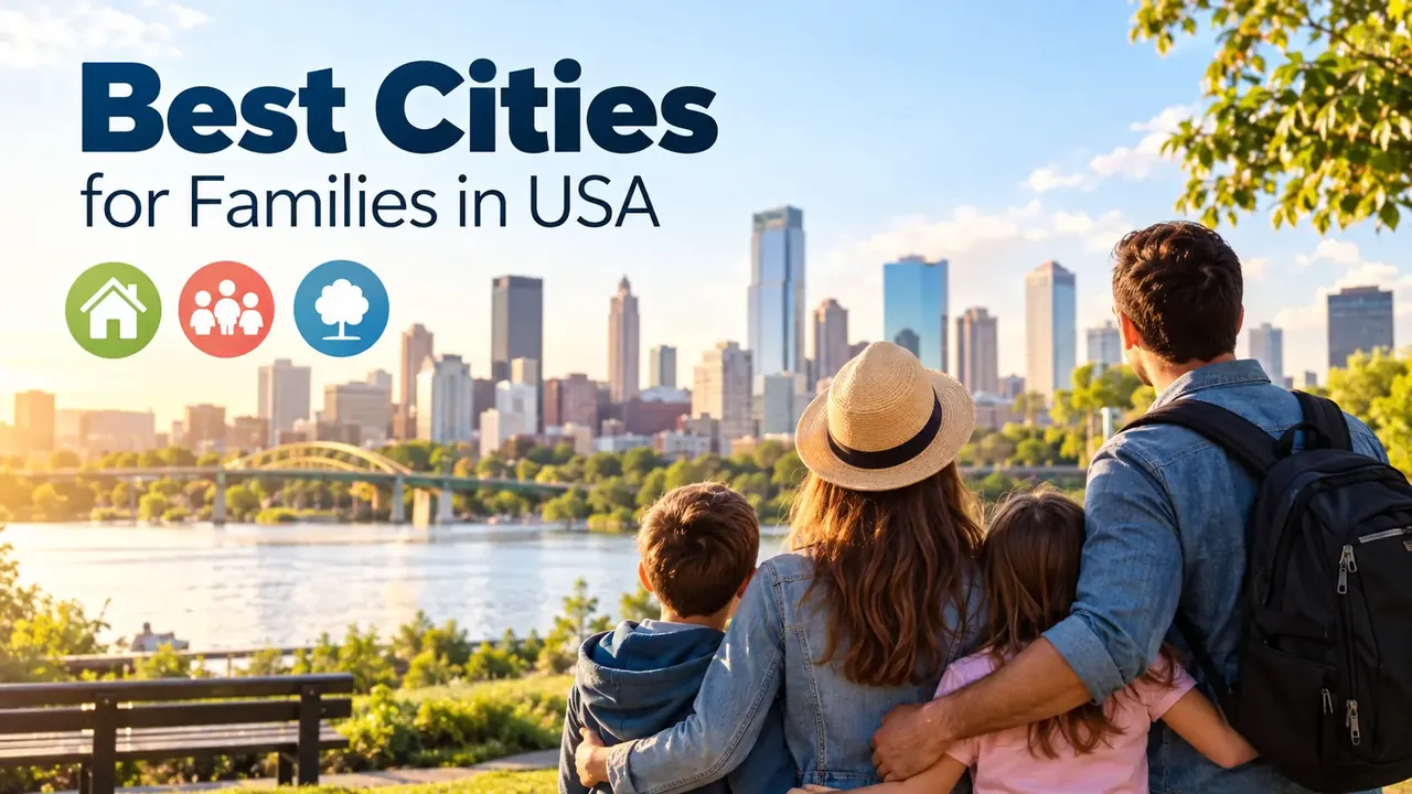 Best cities for families in the USA 2026: a family of four seen from behind looking at a river city skyline with an arch bridge.