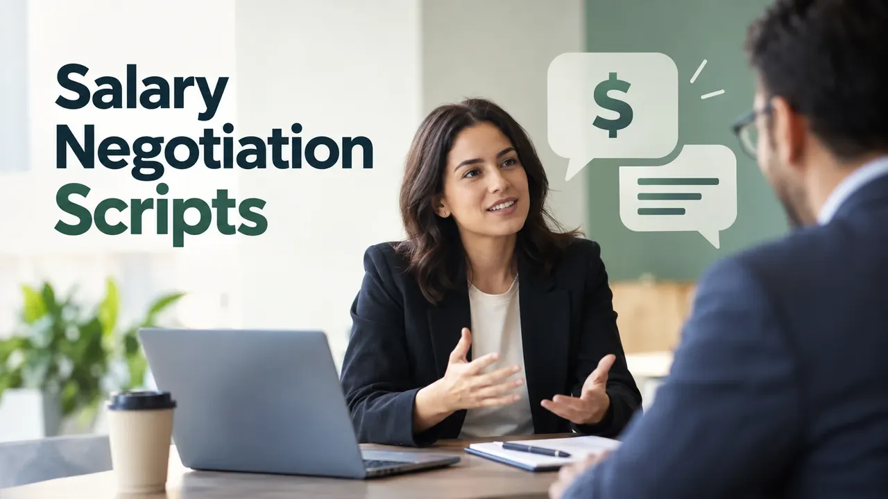 Salary negotiation scripts: a woman in a blazer negotiating across a table with a man, with a laptop and speech bubbles showing dollar signs.