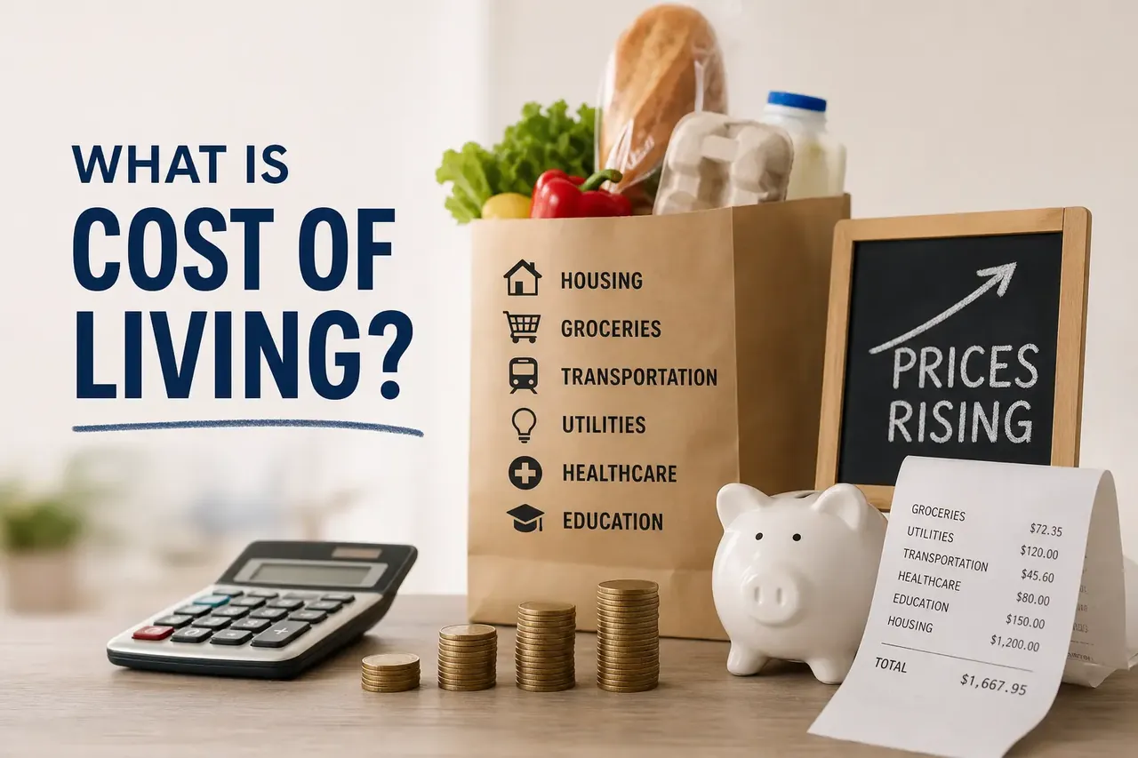 What is cost of living: a grocery bag listing housing, groceries, transportation, utilities, healthcare and education, next to a calculator, coins, a piggy bank and a receipt.