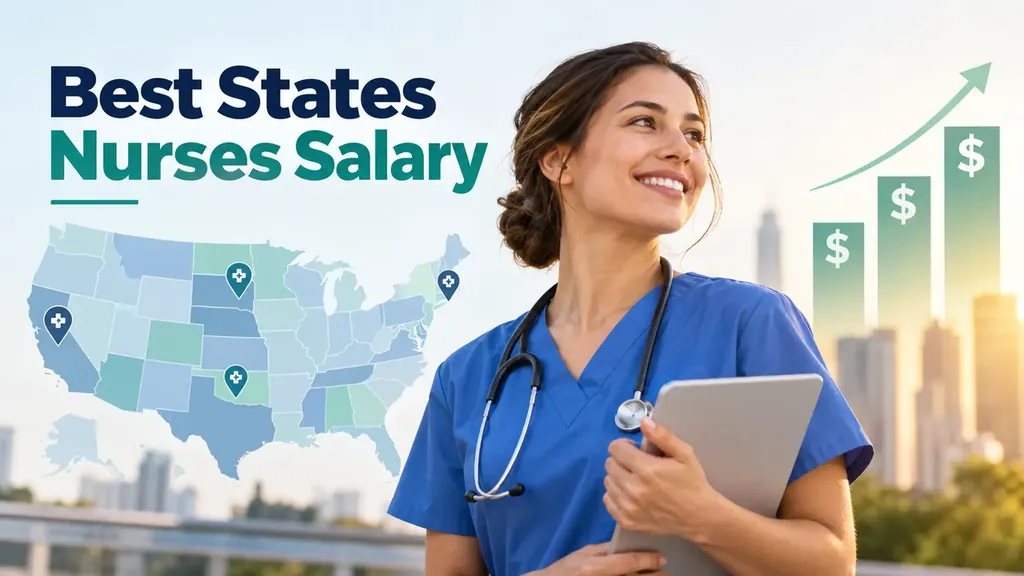 Best states for nurses salary 2026: a smiling nurse in blue scrubs with a stethoscope and tablet beside a US map with pins and a rising dollar bar chart.