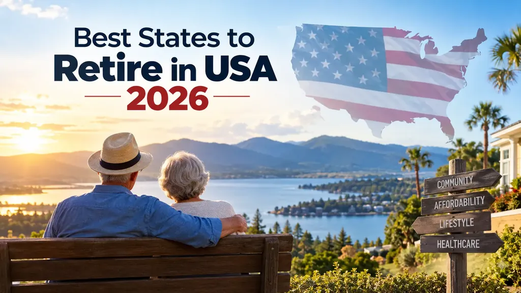 Best states to retire in the USA 2026: an older couple on a bench overlooking a lake and mountains at sunset, with palm trees, a US flag map and a signpost for community, affordability, lifestyle and healthcare.