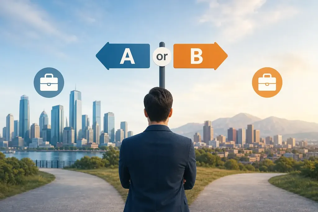 Comparing job offers in different cities: a man in a suit facing an A or B signpost between a big-city skyline and a smaller city by the mountains.