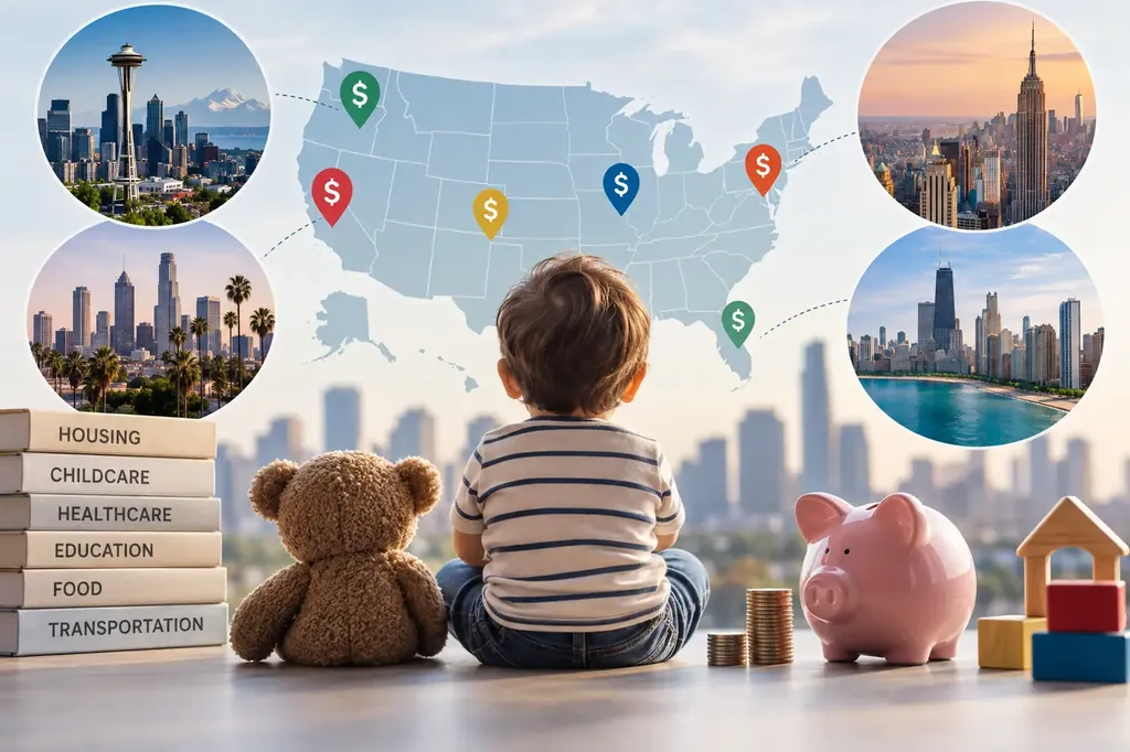 Cost of raising a child by city: a toddler facing a US map with dollar pins and photos of Seattle, Los Angeles, New York and Chicago, with a teddy bear, piggy bank, coins and books labelled housing, childcare, healthcare, education, food and transportation.