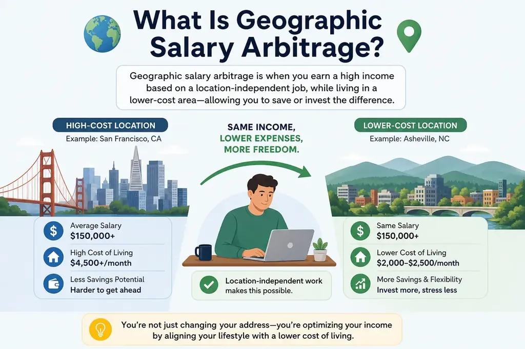 Geographic salary arbitrage infographic: the same $150,000 salary in high-cost San Francisco vs lower-cost Asheville, NC, with a remote worker at a laptop between them.