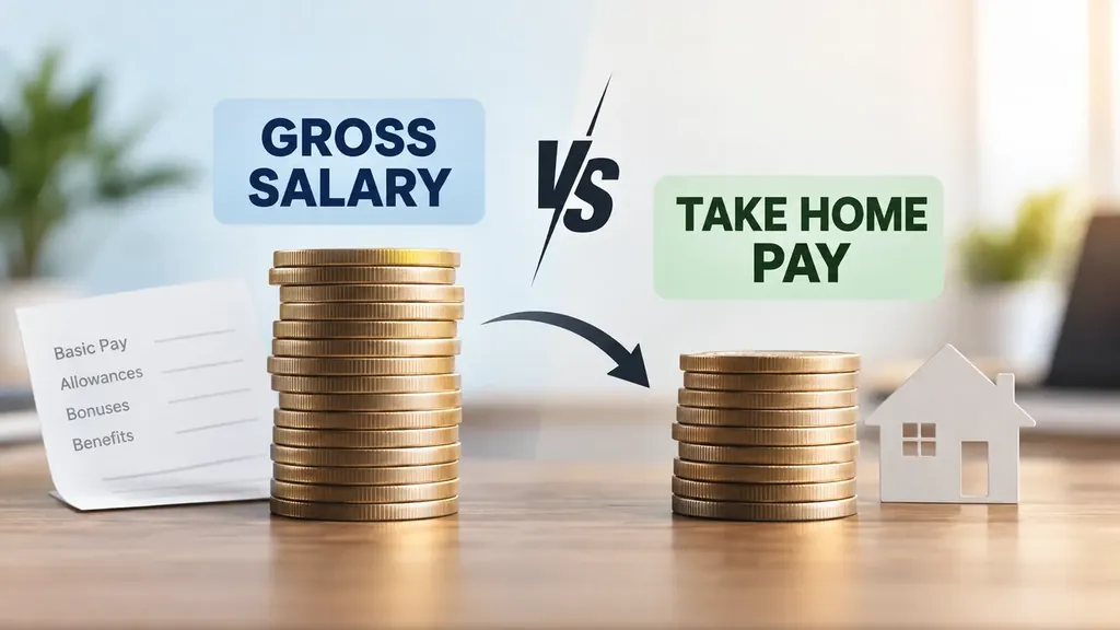 Gross salary vs take home pay: a tall stack of gold coins labelled gross salary next to a shorter stack labelled take home pay, with a pay slip and a small house.