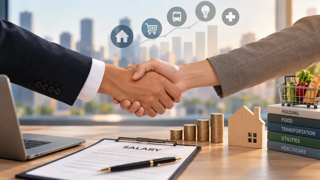 Negotiate salary with cost of living data: a handshake over a desk with a salary clipboard, coin stacks, a model house and books labelled housing, food, transportation, utilities and healthcare.