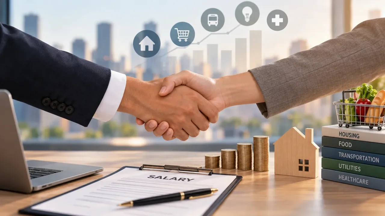 Negotiate salary with cost of living data: a handshake over a desk with a salary clipboard, coin stacks, a model house and books labelled housing, food, transportation, utilities and healthcare.